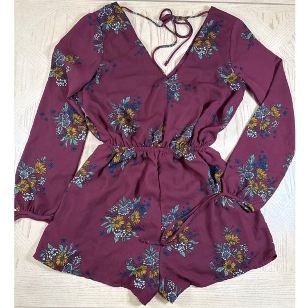 Romantic Fall Floral Short Dress Romper Long Sleeve Y2K V Neck Burgundy Maroon S